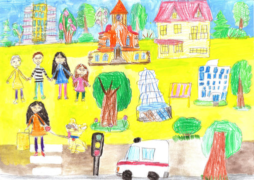 Child's drawing of the happy family on a walk and cars.