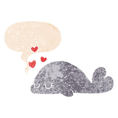 cute cartoon dolphin and speech bubble in retro textured style