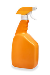 orange spray pistol bottle diagonal view for detergent isolated on white With clipping Path