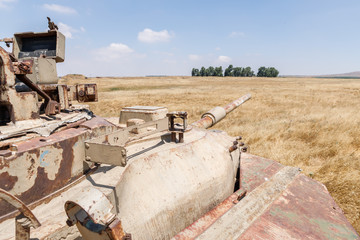 Destroyed  Israeli tank is after the Doomsday (Yom Kippur War) on the Golan Heights in Israel, near the border with Syria