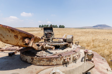 Destroyed  Israeli tank is after the Doomsday (Yom Kippur War) on the Golan Heights in Israel, near the border with Syria