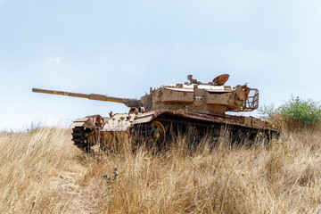 Destroyed  Israeli tank is after the Doomsday (Yom Kippur War) on the Golan Heights in Israel, near the border with Syria