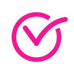 Pink check mark in circle, vector