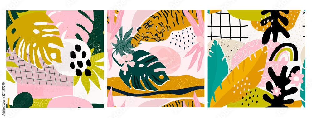 Poster set of three hand drawn seamless patterns. tropical jungle leaves, tiger, various shapes. abstract c