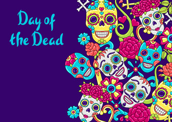 Day of the Dead invitation card. Sugar skulls with floral ornament.