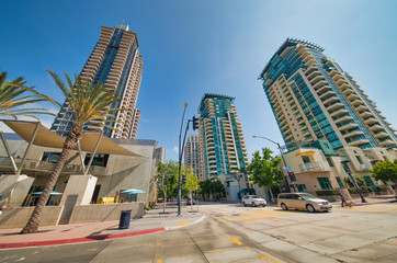SAN DIEGO, CA - JULY 29, 2017: Buildings and skyscrapers along East Harbor Drive on a sunny day