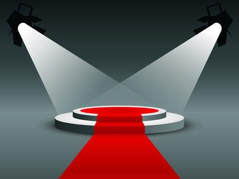 Platform Illuminated By Spotlights Round Podium With Red Carpet And Curtain Vector Illustration