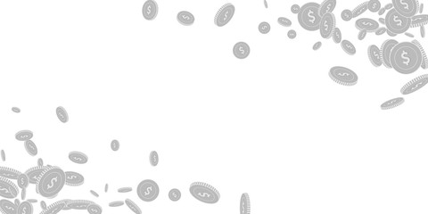 American dollar coins falling. Scattered black and