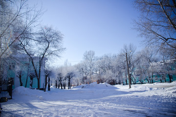 Winter industrial city. Winter in Russia.