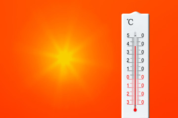 Yellow sun in red sky. Summer heat. Thermometer shows high temperature in summer. Air temperature...