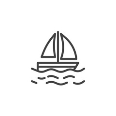 Sailing yacht on waves line icon. linear style sign for mobile concept and web design. Sail Boat and sea water outline vector icon. Travel, vacation symbol, logo illustration. Vector graphics