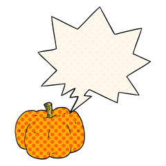 cartoon pumpkin and speech bubble in comic book style