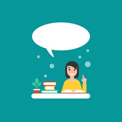 happy girl with books and speech bubble. creative teacher. giving advice.