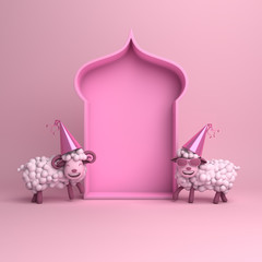 Cartoon sheep, arabic window on pink pastel background copy space text. Design creative concept for islamic celebration day ramadan kareem or eid al fitr adha. 3d rendering illustration.