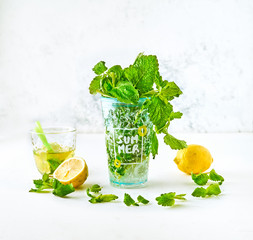 Non- alcoholic mojito cocktail with mint and lemon on white background