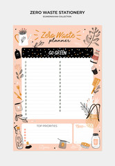 Set of weekly planners and to do lists with zero waste illustrations and trendy lettering. Template for agenda, planners, check lists, and other kids stationery. Isolated. Vector