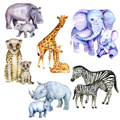 Wild animal pattern with savanna, zoo, mother and baby. watercolor. African animals for children's textiles and design. Children's bright summer collection of backgrounds with animals. stock graphics