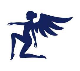 Vector blue silhouette cute kneeling woman with Angel's wings. Isolated on white background