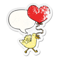 cartoon bird and heart balloon and speech bubble distressed sticker