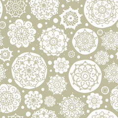 Vector green abstract Doodle Circles Seamless Pattern Background. Handdrawn Mandala smooth and ethic background. Great for elegant texture fabric, cards, wedding invitations, wallpaper. Calm and boho