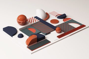 Design with composition of geometric shapes in orange and dark blue tone. 3d rendering illustration
