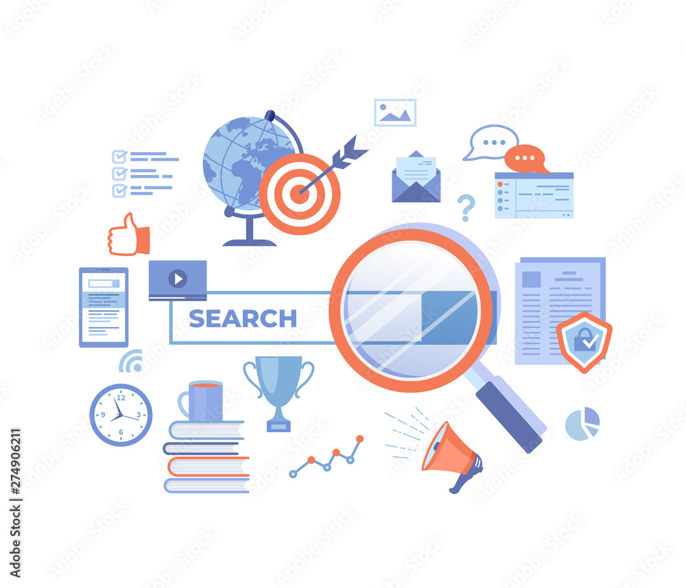 Poster web search technology, search engine, seo, data finding. search bar with result elements. web banner