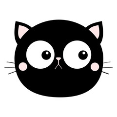 Black cat head face round icon with big eyes. Pink cheeks, ears. Cute cartoon kawaii funny character. Pet baby print collection. Flat design. White background. Isolated.