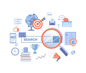 Web search technology, Search engine, SEO, Data finding. Search bar with result elements. Web banner, infographics. Vector illustration on white background.