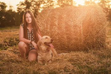 beautiful, young girl in denim shorts and a plaid shirt with a Retriever and a guitar posing against a wheat field, haystacks and summer sunset sky