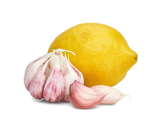 garlic and lemon on white background