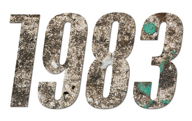 Year 1983 with old concrete wall on white background