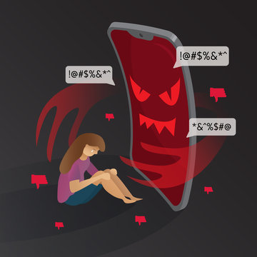 .cyber bullying phone devil with sad girl background graphic vector illustrations