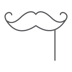Mustache on a stick thin line icon, male and mask, facial hair sign, vector graphics, a linear pattern on a white background.