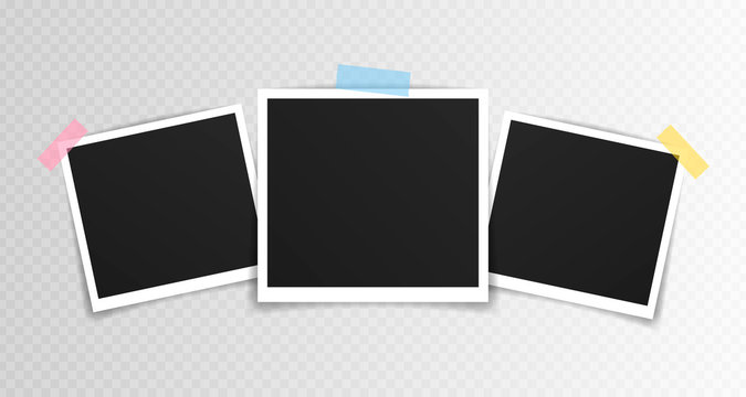 Vector Photo frame mockup design. Photo frame on sticky tape isolated on transparent background. Vector illustration