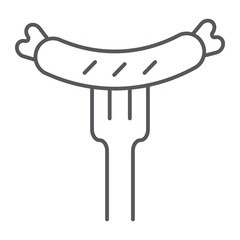 Sausage on fork thin line icon, food and meat, grilled sausage sign, vector graphics, a linear pattern on a white background.