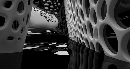 Abstract white and black smooth parametric interior with window. 3D illustration and rendering.