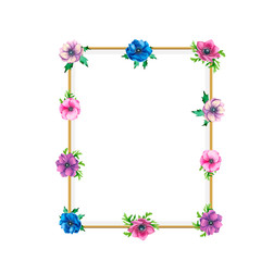 Square gold frame from flowers and leaves of the anemone. Hand-drawn watercolor illustration. Isolated object on white background.
