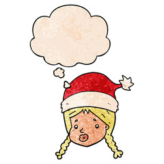 cartoon girl wearing christmas hat and thought bubble in grunge texture pattern style