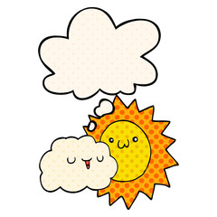 cartoon sun and cloud and thought bubble in comic book style