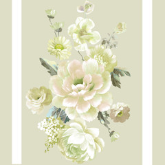 Watercolor illustration of a bouquet with a purple and delicate pink rose, leaves and bud, greeting card