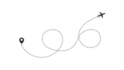 Airplane travel concept with map pins, GPS points. Flight start point concept or theme. Aircrafts and map pointer symbols vector illustration