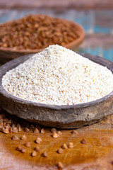 Healthy diet superfood buckwheat groats and flour used for making delicious pasta, noodles, pancaces and kasha in many countries.