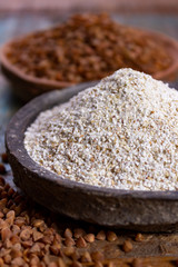 Healthy diet superfood buckwheat groats and flour used for making delicious pasta, noodles, pancaces and kasha in many countries.