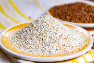 Healthy diet superfood buckwheat groats and flour used for making delicious pasta, noodles, pancaces and kasha in many countries.