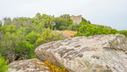 Scenic landscape of green hills and rocky mountains of the island of Sardinia in spring