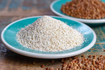 Healthy diet superfood buckwheat groats and flour used for making delicious pasta, noodles, pancaces and kasha in many countries.