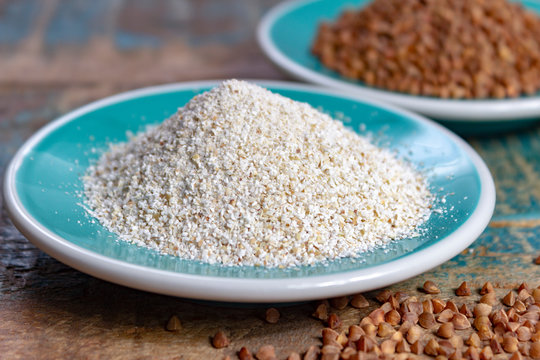 Healthy diet superfood buckwheat groats and flour used for making delicious pasta, noodles, pancaces and kasha in many countries.