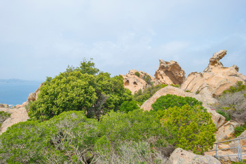 Scenic landscape of green hills and rocky mountains of the island of Sardinia in spring