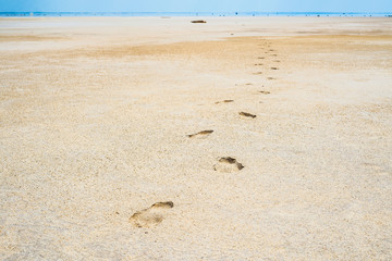 Traces of human legs stretching into the sand on the coastal shallows of the salty lake Baskunchak. Dead lifeless terrain dried up by salt and the merciless scorching sun.
