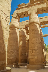 Columns with hieropgyphs in the hypostyle hall in the Temple Complex of Karnak